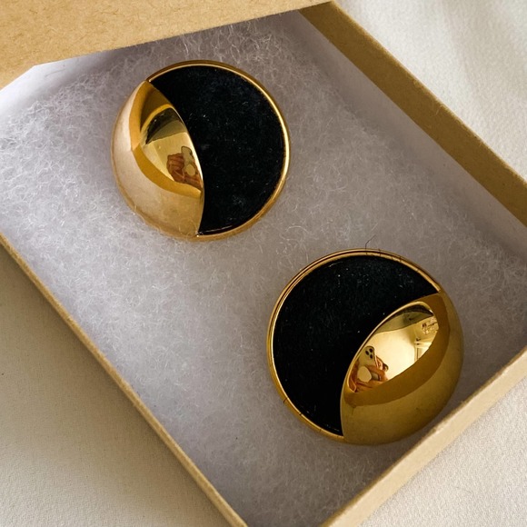 VTG Gold Black Waning Moon Earrings - Picture 4 of 4